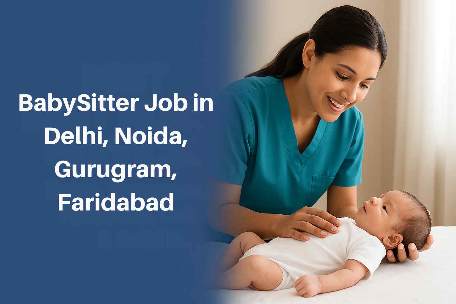A smiling babysitter caring for an infant in a bright home setting, representing babysitter job opportunities in Delhi, Noida, Gurugram, and Faridabad.