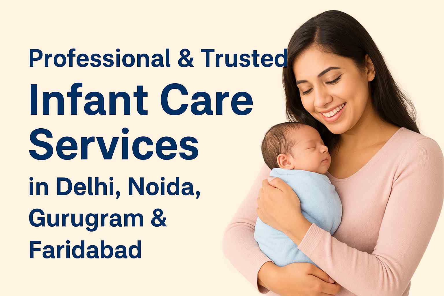 Professional infant care services in Delhi NCR showing a smiling caregiver gently holding a sleeping newborn baby at home.