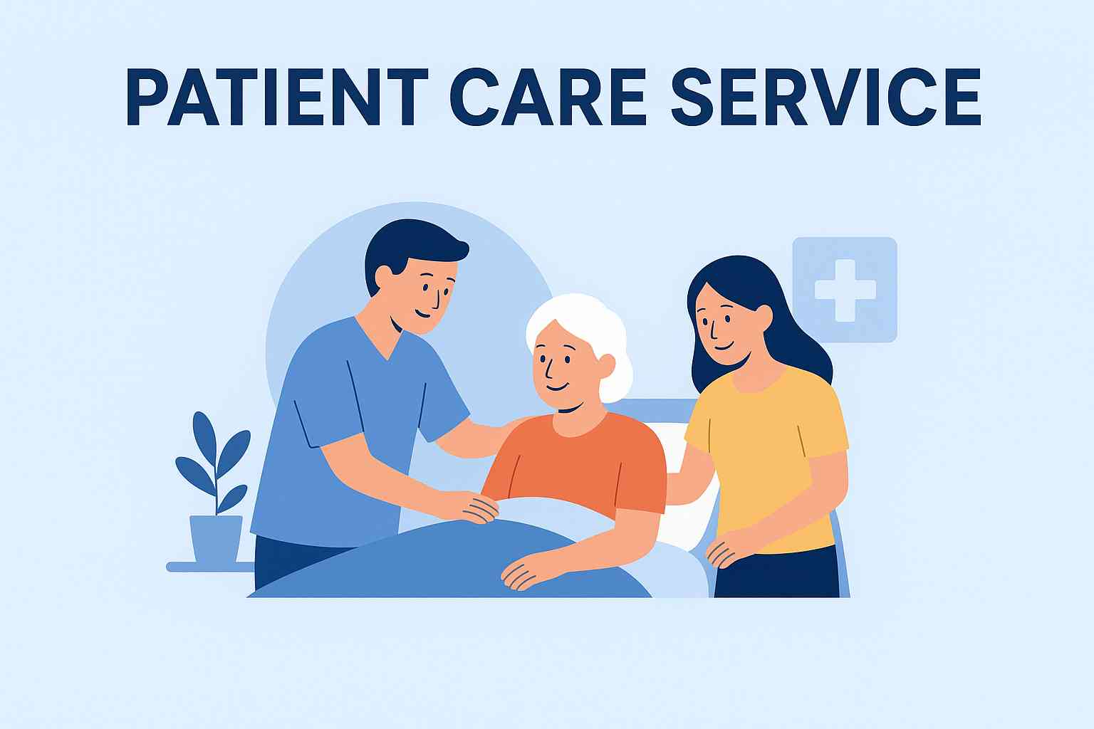 Patient Care Service – Compassionate Home Care in India - Urmicare Illustration showing caregiver assisting an elderly patient at home under Patient Care Service in India
